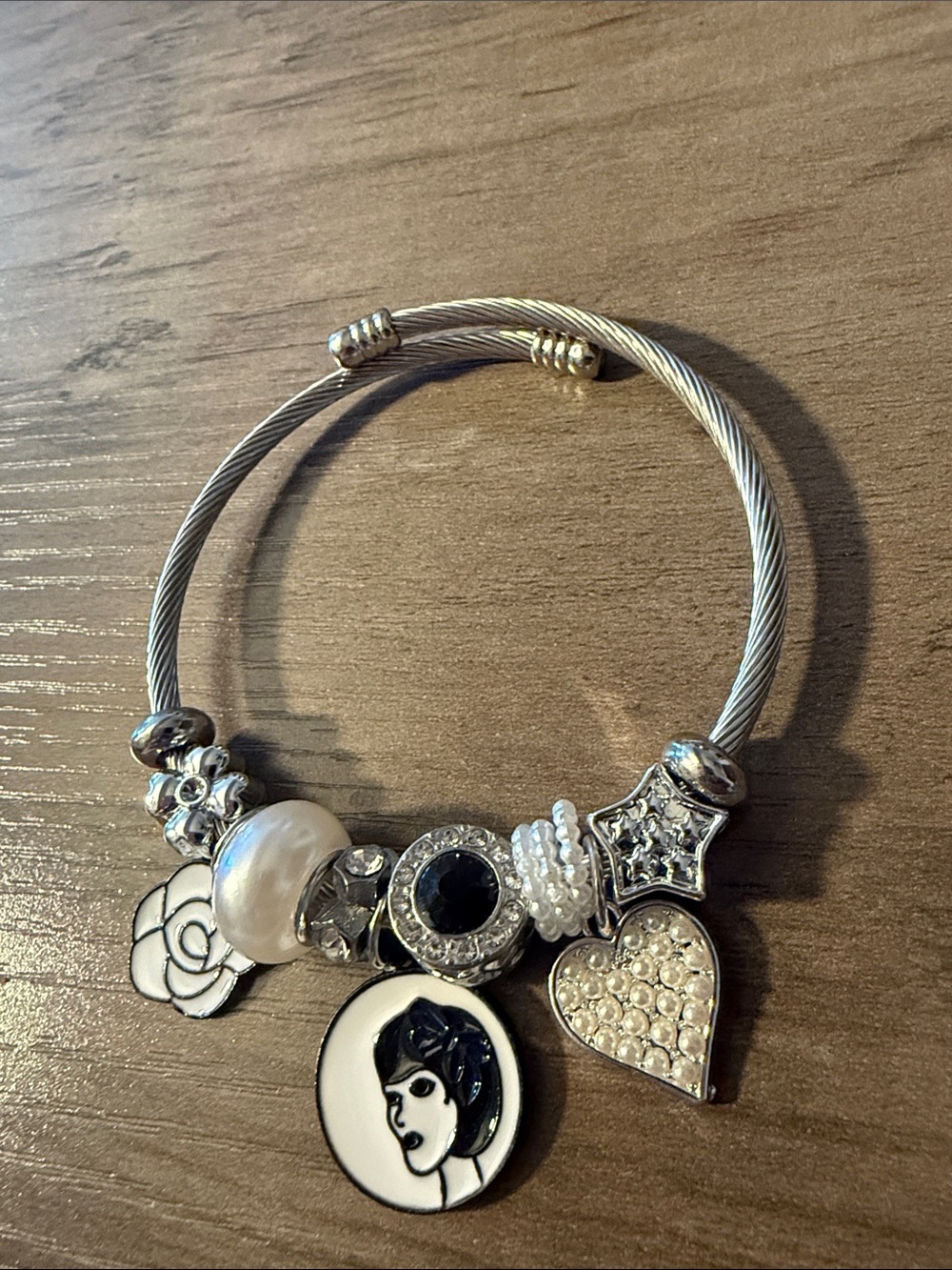 Silver-Tone Black & White Charm Bangle Bracelet - Women Jewelry